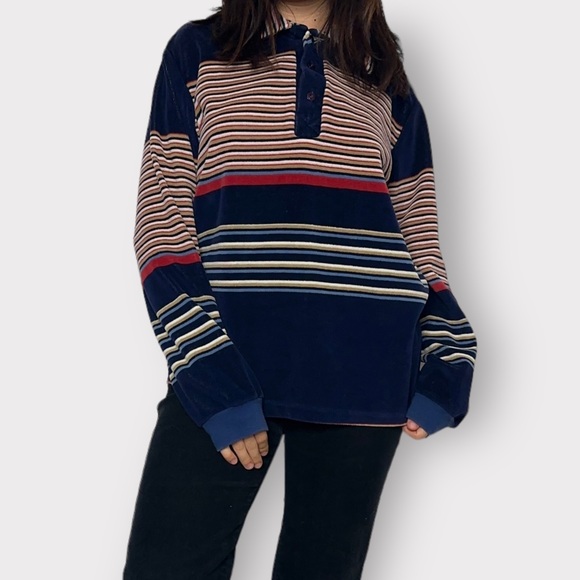 Vintage 1990s Navy Striped Velvet Pullover Sweater - Picture 1 of 8